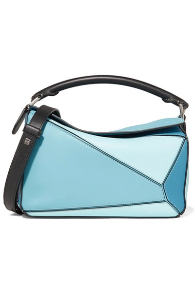 Shop Loewe Puzzle Small Color-block Textured-leather Shoulder Bag In Sky Blue