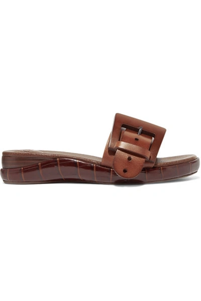 Shop Chloé Wave Buckled Croc-effect Leather Slides In Brown