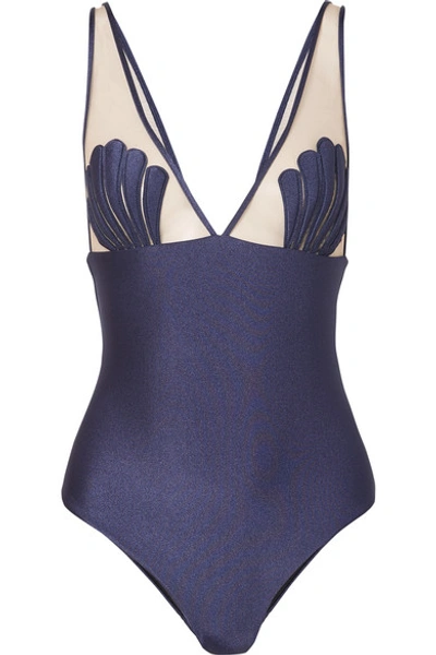 Shop Adriana Degreas Marine Stretch-satin And Tulle Swimsuit In Navy