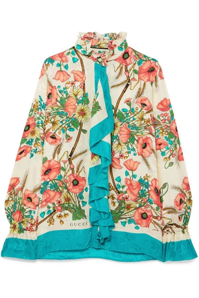 Shop Gucci Ruffled Floral-print Silk-jacquard Blouse