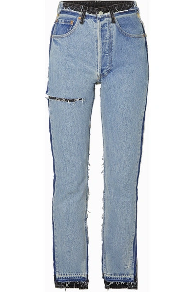 Shop Vetements Reworked Distressed High-rise Slim-leg Jeans In Indigo