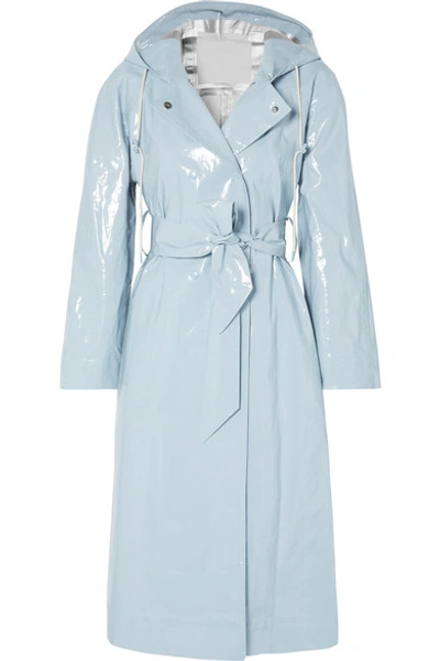 Shop Alexa Chung Hooded Belted Coated Cotton-blend Raincoat In Light Blue
