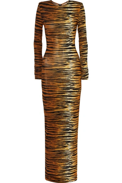 Shop Alexandre Vauthier Tiger-print Stretch-jersey Gown In Brown