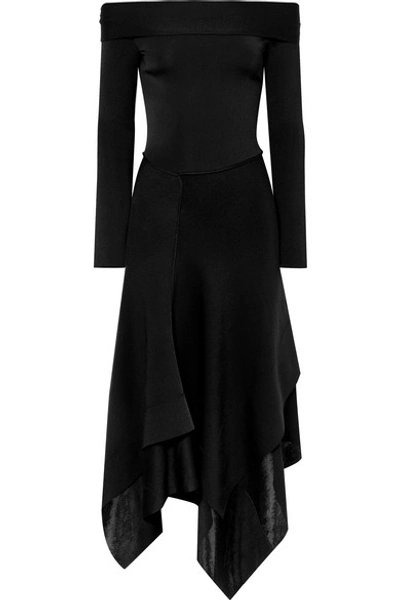 Shop Victoria Beckham Off-the-shoulder Asymmetric Stretch-knit Midi Dress In Black