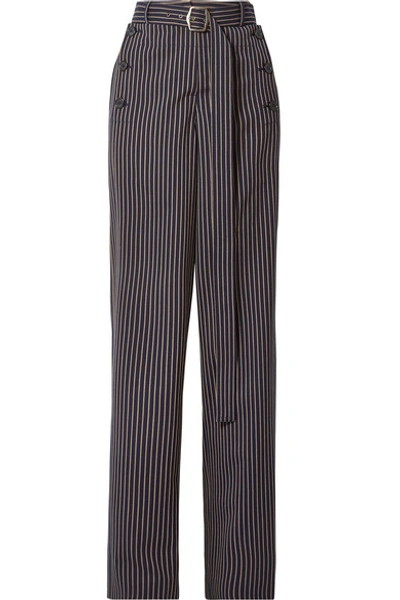 Shop Sies Marjan Anouk Belted Paneled Pinstriped Twill Straight-leg Pants In Navy