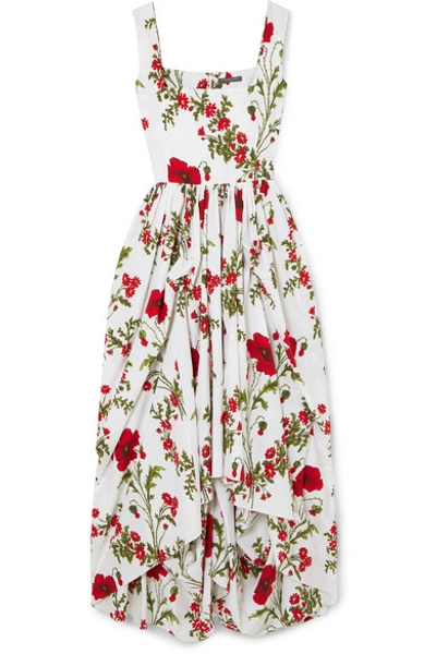 Shop Alexander Mcqueen Gathered Floral-print Cotton-poplin Gown In Ivory