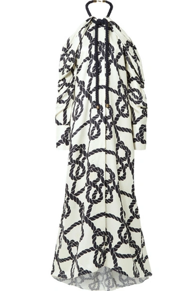 Shop Monse Rope-trimmed Printed Silk-twill Halterneck Gown In Ivory