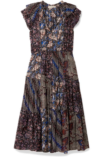 Shop Ulla Johnson Asis Printed Cotton And Silk-blend Midi Dress In Indigo