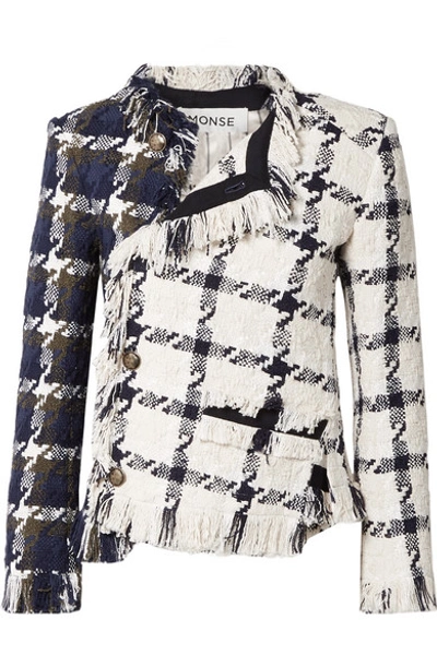 Shop Monse Asymmetric Fringed Cotton-blend Tweed Jacket In Navy