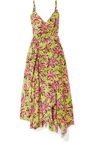 Shop Michael Kors Asymmetric Floral-print Silk Crepe De Chine Midi Dress In Chartreuse