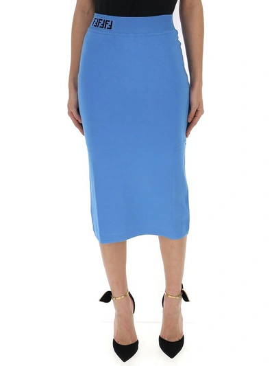 Shop Fendi Knit Midi Skirt In Blue