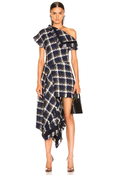 Shop Monse Flap Shoulder Asymmetrical Tweed Dress In Navy & Olive