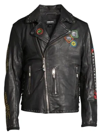 Shop Diesel Juner Embellished Leather Biker Jacket In Black