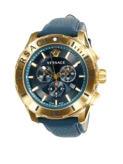 Shop Versace Logo Stainless Steel & Leather-strap Chronograph Watch In Gold