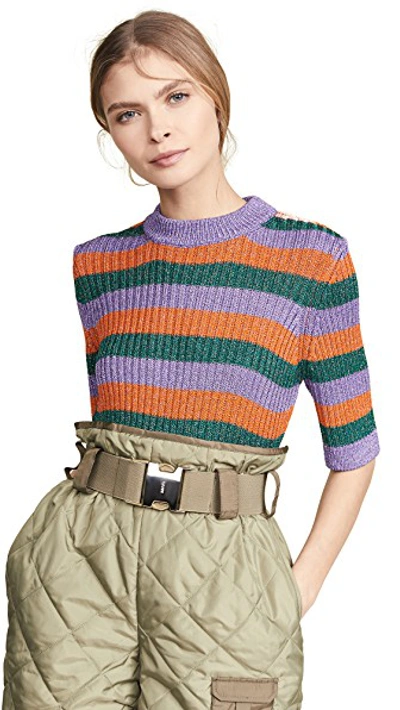 Shop Ganni Striped Knit Top In Block Colour