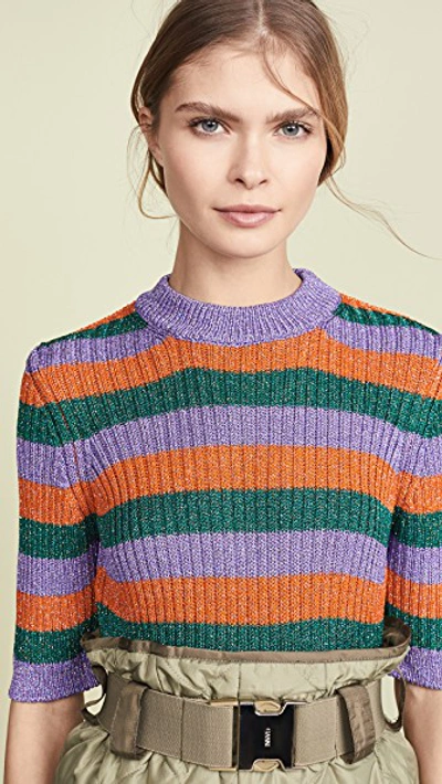 Shop Ganni Striped Knit Top In Block Colour