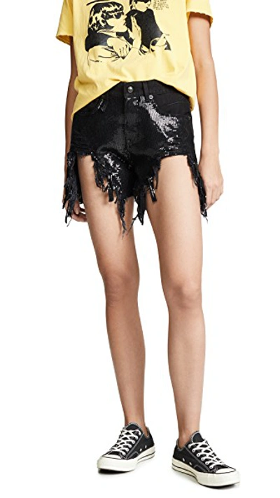 Shop R13 Shredded Slouch Shorts In Black Sequins