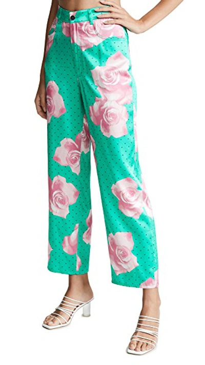 Shop Fleur Du Mal Silk Jeans In Mega Rose Print/monaco Green