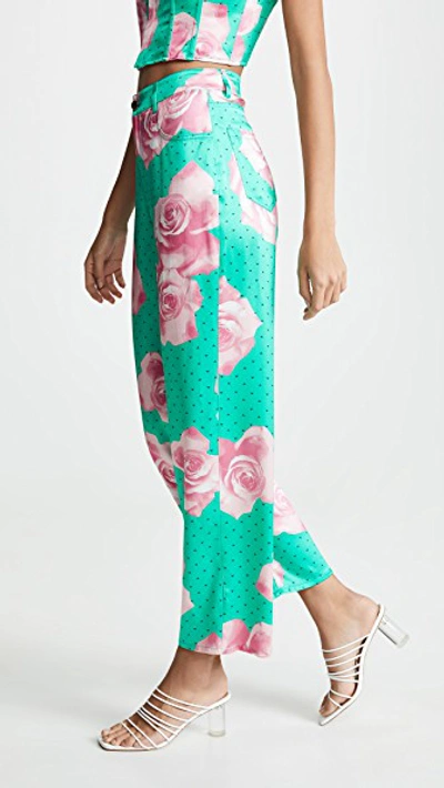 Shop Fleur Du Mal Silk Jeans In Mega Rose Print/monaco Green