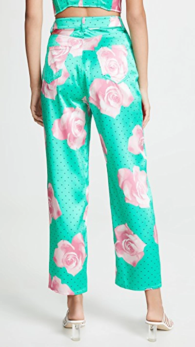 Shop Fleur Du Mal Silk Jeans In Mega Rose Print/monaco Green