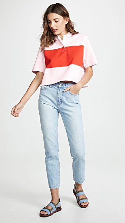 Shop Tory Sport Cropped Collared T-shirt In Cotton Pink/red