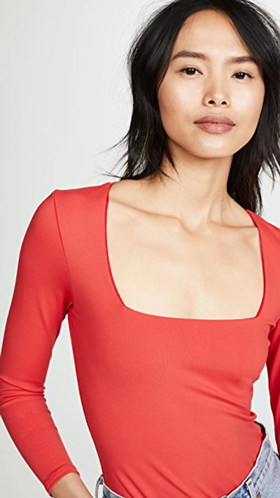 Shop Free People 3/4 Sleeve Square Eyes Thong Bodysuit In Red