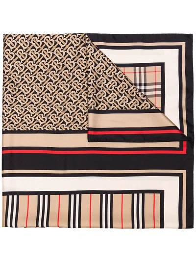 Shop Burberry Monogram, Icon Stripe And Check Print Silk Scarf - Neutrals