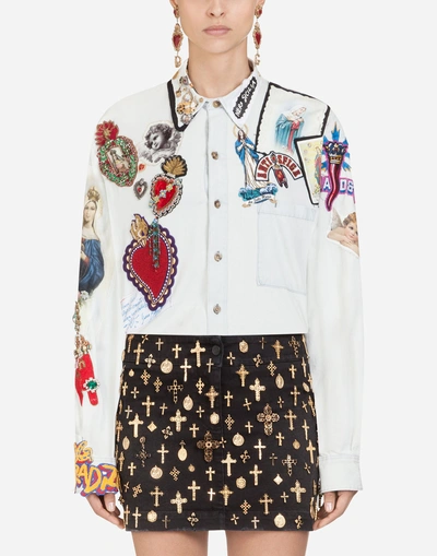Shop Dolce & Gabbana Denim Shirt With Embroidery And Appliqués In Multi-colored