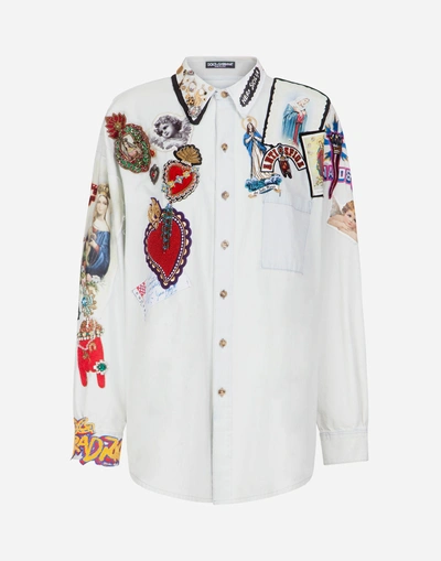 Shop Dolce & Gabbana Denim Shirt With Embroidery And Appliqués In Multi-colored