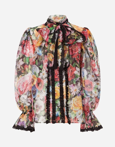 Shop Dolce & Gabbana Floral-print Silk Shirt With Ruches In Floral Print