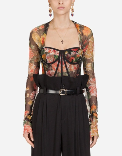 Shop Dolce & Gabbana Tulle Bustier Top With A Mix Of Floral Prints