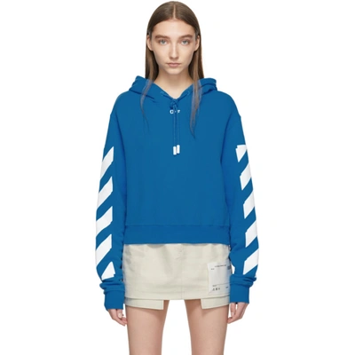 Shop Off-white Blue Diag Crop Hoodie In Blue/white