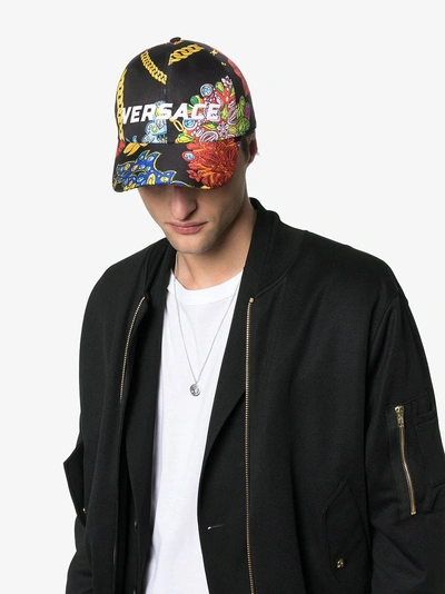 Shop Versace Multicoloured Logo Embroidered Jewellery Print Silk Baseball Cap In I777 Black