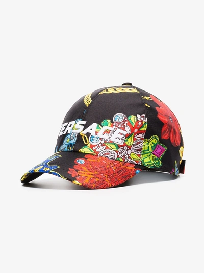 Shop Versace Multicoloured Logo Embroidered Jewellery Print Silk Baseball Cap In I777 Black