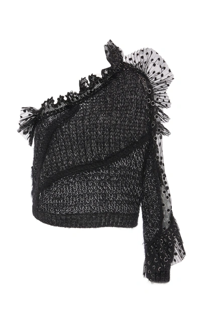 Shop Alberta Ferretti Superkid One-shoulder Ruffled Mohair-blend Top In Black