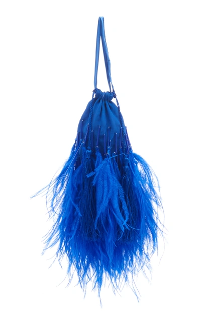 Shop Attico Ostrich Feather Embellished Mini Pouch In Blue