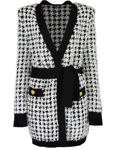 Shop Balmain Belted Houndstooth Cardigan In Blk-wht