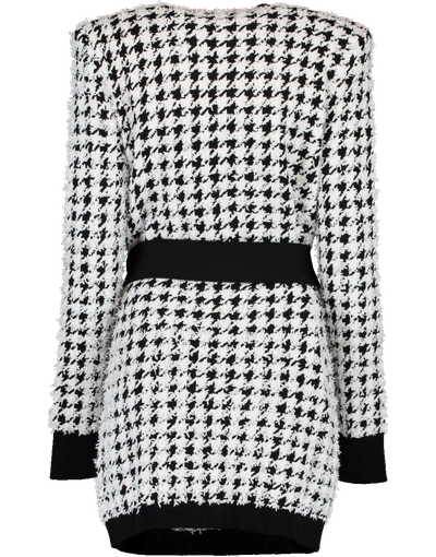 Shop Balmain Belted Houndstooth Cardigan In Blk-wht