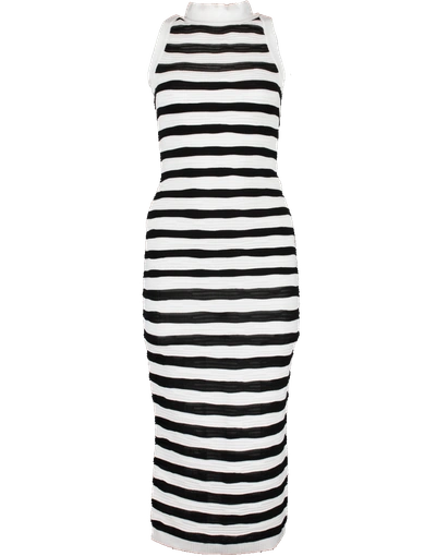 Shop Balmain Long Striped Back Zip Dress In Blk-wht