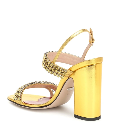 Shop Gucci Crystal Metallic Leather Sandals In Gold