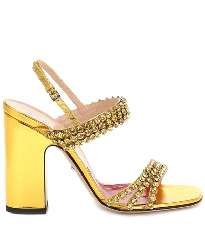 Shop Gucci Crystal Metallic Leather Sandals In Gold