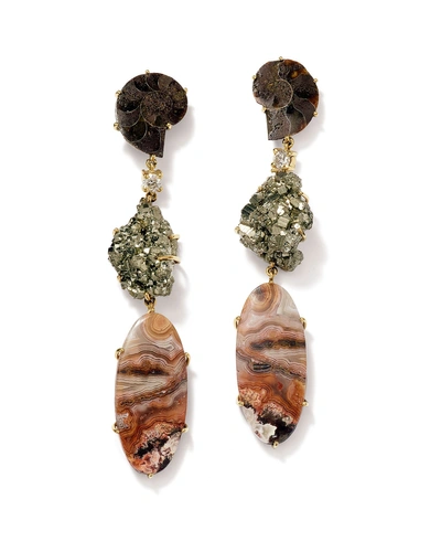Shop Jan Leslie 18k Bespoke One-of-a-kind Luxury 3-tier Earring With Ammonite, Pyrite, Crazy Lace Agate, And Diamond