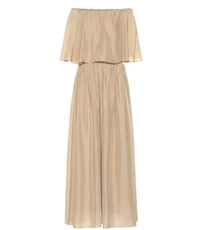 Shop Brunello Cucinelli Silk Off-the-shoulder Dress In Beige