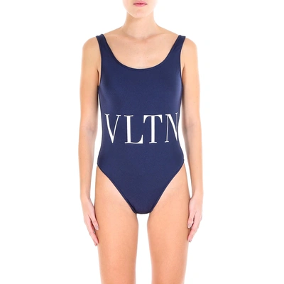 Shop Valentino Vltn Printed Logo Swimsuit In Blue
