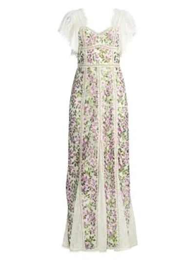 Shop Alice And Olivia Devina Floral Fringe Maxi Dress In Orchid Multi