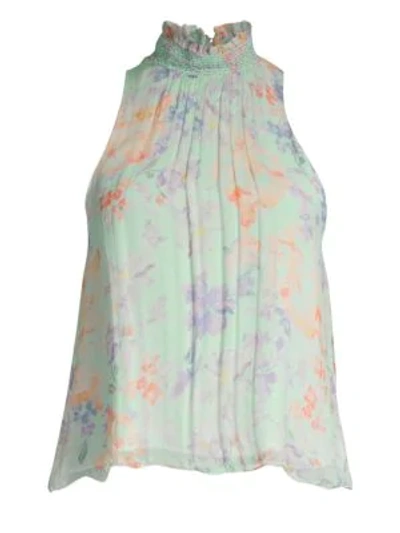 Shop Alice And Olivia Annmarie Smocked Highneck Floral Tank In Multi