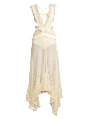 fringe and mesh cutout maxi dress
