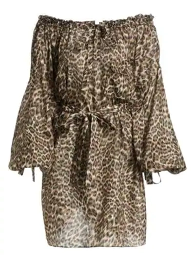 Shop Zimmermann Suraya Silk Off-the-shoulder Dress In Khaki Leopard