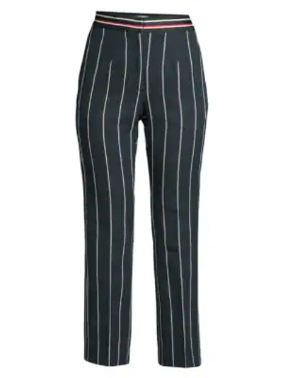 Shop Sandro Blanche Striped Cropped Linen-blend Trousers In Navy Blue