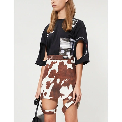 Shop Burberry Cow-print Cotton And Linen-blend Mini Skirt In Brown